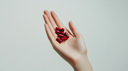 A delicate hand gently holds several red capsules against a soft background, symbolizing health, wellness, and nutritional support in daily life.の素材