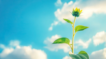 A vibrant sunflower bud reaches towards the bright blue sky, surrounded by fluffy white clouds. This image captures the essence of growth and renewal in nature.の素材