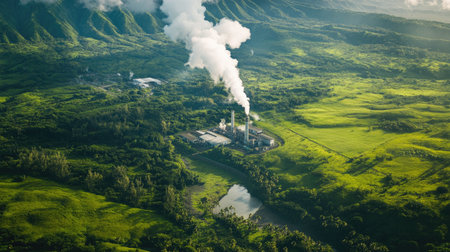 A stunning aerial view capturing an industrial plant emitting smoke amidst a lush green landscape, showcasing the contrast between nature and industry.の素材