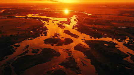 Experience a breathtaking aerial view of a river landscape during a stunning orange sunset. The vibrant colors reflect off the water, creating a serene atmosphere.の素材