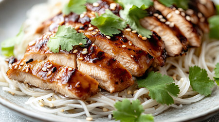 A beautifully plated dish featuring grilled chicken breast served over delicate rice noodles, garnished with fresh cilantro and sesame seeds, perfect for any meal.の素材