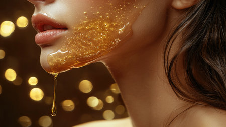 This close-up image features a woman's face adorned with golden honey, showcasing a shimmering, healthy glow in a bokeh background, perfect for beauty and wellness themes.の素材