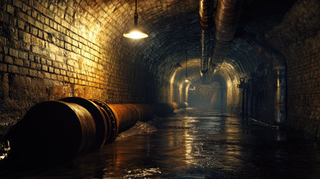 A captivating view of a dark underground tunnel showcasing a waterlogged environment. The image features brick walls, rusty pipes, and soft illumination creating an eerie yet intriguing atmosphere.の素材