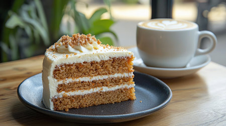 A tempting slice of creamy cake rests on a dark plate beside a cup of coffee, perfect for a cozy break in a modern cafe setting.の素材