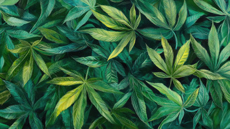 A vibrant composition of overlapping green leaves showcasing rich textures and shades of green, perfect for backgrounds, nature themes, and organic designs.の素材