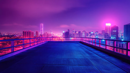 A mesmerizing urban nightscape showcases a rooftop view over a vibrant city, illuminated by neon lights. The vivid colors create a captivating atmosphere perfect for travel and exploration themes.の素材