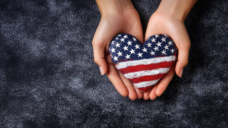 Hands gently cradle a heart-shaped rock, beautifully painted with the American flag design. This image symbolizes patriotism and love for the country.の素材