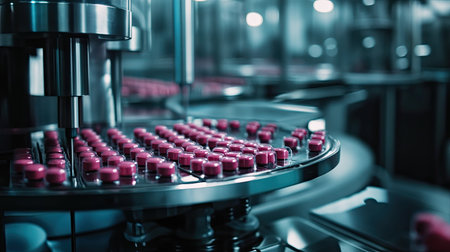 High-tech pharmaceutical production line showcasing vibrant pink pills on a conveyor belt, illustrating advanced manufacturing technology and efficiency in the industry.の素材