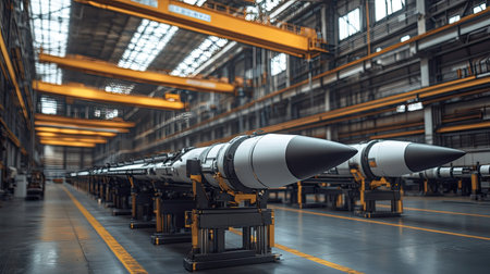 This image captures a striking view of precision missiles arranged in an expansive industrial facility, showcasing advanced manufacturing processes and technology.の素材