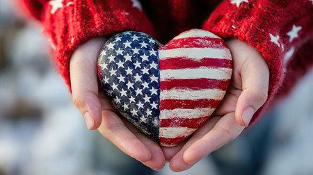 A person holds a heart-shaped rock painted to resemble the American flag. This image embodies love and patriotism, perfect for celebrating national pride.の素材