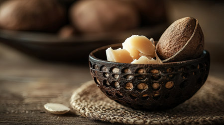 Discover the beauty of natural shea butter and nuts displayed in a rustic wooden bowl, perfect for wellness and skincare applications.の素材