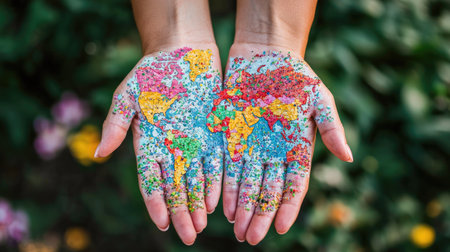 Hands display a vibrant world map created with glitter, symbolizing unity and diversity in nature. This colorful artwork reflects creativity and passion for geography.の素材