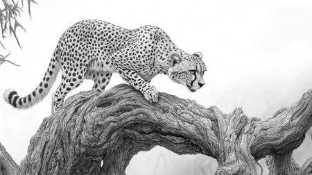 This detailed black and white illustration showcases a cheetah poised on a branch, emphasizing its elegance and agility in a natural environment.の素材