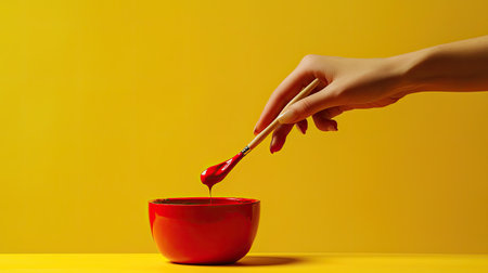 A hand gracefully holds a paintbrush, dipping it into a vibrant bowl of red paint against a striking yellow background, showcasing creativity in action.の素材
