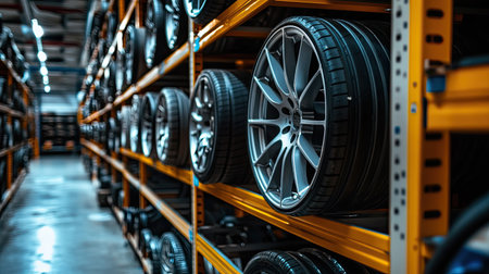 A modern industrial warehouse showcases neatly stored alloy wheels and tires on metal racks. The organized setup highlights efficient storage solutions in automotive logistics.の素材