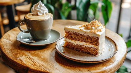A tempting slice of carrot cake with creamy frosting paired with a warm cappuccino, set against a cozy wooden table in a vibrant cafの素材