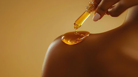 A close-up view of golden oil dripping from a dropper onto smooth skin, showcasing relaxation and self-care in wellness and beauty treatments. Ideal for health-related themes.の素材