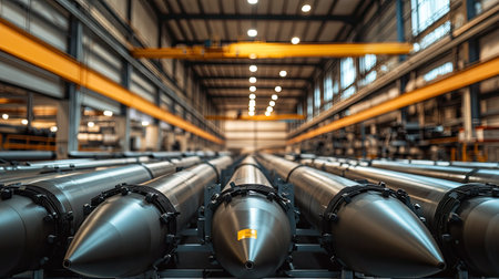 A vibrant industrial warehouse showcasing a row of cylindrical objects, highlighting advanced technology and optimized workspace. The setting emphasizes robust production processes.の素材