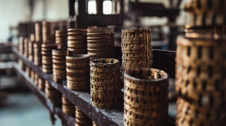 A collection of handcrafted wicker baskets arranged in a scenic artisan workshop. This image showcases the intricate details and traditional craftsmanship involved in basket making.の素材