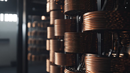 Close-up view of intricate copper coils stacked in a modern industrial setting, highlighting the detailed metalwork and technology applications in manufacturing processes.の素材