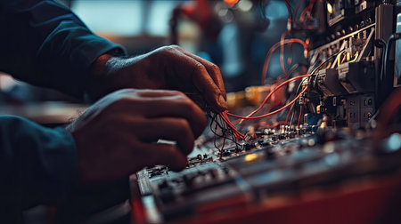 A focused close-up shot highlighting hands intricately working on an electronic circuit in a well-equipped workshop, showcasing skilled craftsmanship and precision.の素材