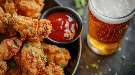 Enjoy a close-up view of crispy fried chicken wings served with spicy sauce and a cold beer. Perfect for gatherings or snack time.の素材
