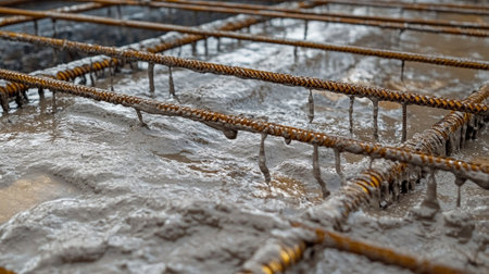 Close-up of freshly poured concrete over steel reinforcement bars, showcasing the work in progress on a construction site, highlighting texture and flow.の素材