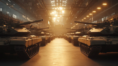 A captivating view of tanks lined up in a military garage, showcasing industrial design and dramatic lighting. The image highlights strength, history, and technological advancement in warfare.の素材