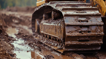 Close-up view of a heavy machinery track submerged in mud at a construction site. The rugged metal showcases the challenges of outdoor work and excavation.の素材
