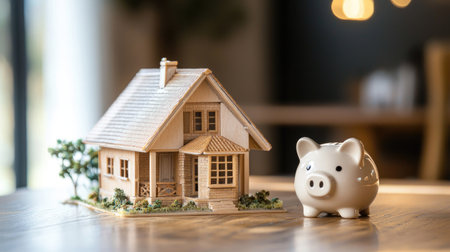 A charming miniature wooden house placed alongside a piggy bank represents the concept of saving and investment in home ownership for future planning.の素材