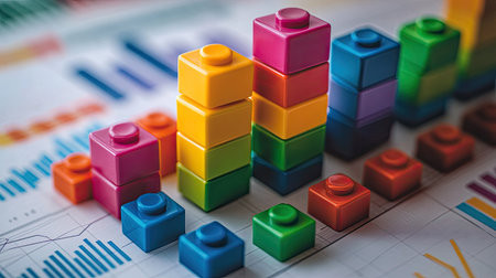 Colorful blocks arranged to depict growth and progress on detailed charts, symbolizing data visualization, analytics, and business strategy in a vibrant workspace.の素材