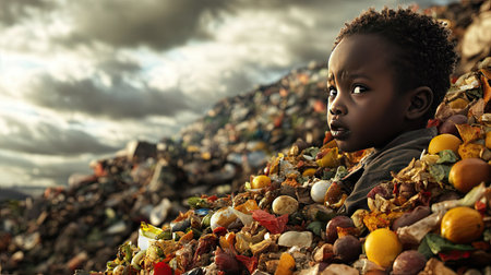 A young child gazes thoughtfully from a mound of waste, reflecting the harsh realities of poverty and environment. A powerful image showcasing social challenges.の素材