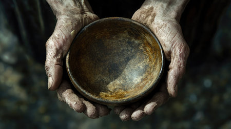 A close-up view of hands holding a rustic bowl, showcasing its earthy texture and muddy exterior. The image conveys themes of simplicity, handmade artistry, and human connection.の素材