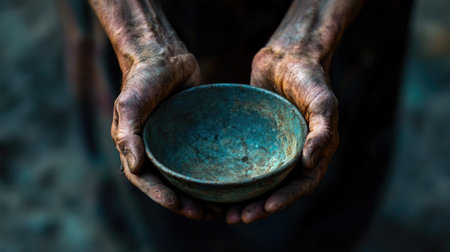 A close-up shot of aged hands holding a worn, rusty bowl. The photograph captures the textures and emotions of vulnerability and survival, emphasizing simplicity and human connection.の素材
