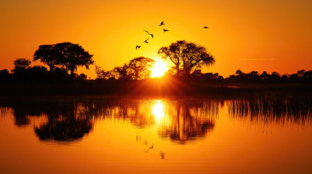 A stunning sunset casts a golden glow over still water, creating beautiful reflections of trees. Birds soar gracefully in the evening sky, enhancing the serene atmosphere.の素材