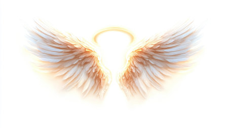 Beautiful angel wings with a glowing halo symbolize purity and grace in this ethereal design. Perfect for projects involving spirituality and inspiration.の素材