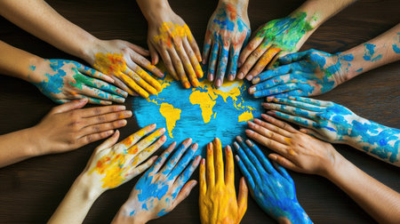 Vibrant hands covered in paint encircle a world map, symbolizing creativity and unity. This image conveys themes of collaboration, diversity, and community spirit.の素材