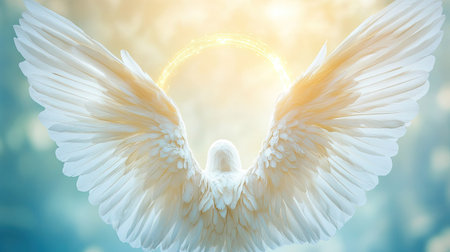 A stunning angelic figure with expansive wings and a soft radiant glow, set against a peaceful background that evokes a sense of tranquility and divine beauty.の素材