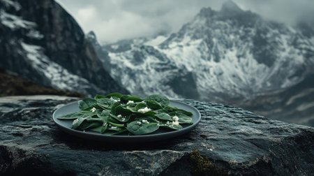 A fresh spinach salad displayed on a stone plate, surrounded by breathtaking mountain scenery. Perfect for showcasing healthy outdoor dining and nature's beauty.の素材