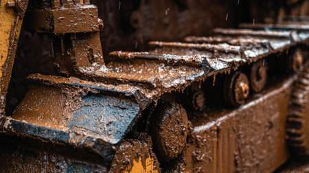 This image showcases a close-up of a muddy track on heavy machinery, drenched in rain. The detailed perspective highlights the rugged texture and environmental elements.の素材