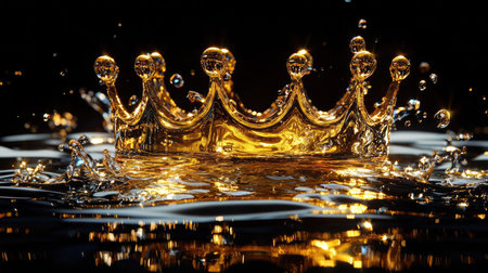 A stunning golden crown creates mesmerizing splashes in water, reflecting light and exuding luxury and elegance. Ideal for concepts of royalty and opulence.の素材