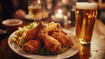 A tempting plate of crispy fried chicken drumsticks served with golden fries and a refreshing beer, perfect for relaxing at a cozy pub with friends.の素材