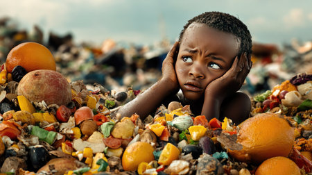 A young child sits despondently amid mountains of food waste and debris, highlighting the urgent need for awareness and action on environmental issues affecting communities globally.  ---  Feel free to adjust the title, keywords, or description as needed!の素材