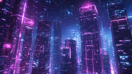 Explore a breathtaking futuristic cityscape illuminated with vibrant neon lights. The artistic digital effect creates a mesmerizing atmosphere of technology and energy.の素材