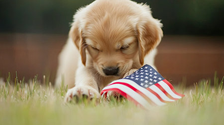 A charming golden retriever puppy interacts with a small American flag on green grass. Ideal for themes of patriotism, joy, and cute animal moments.の素材