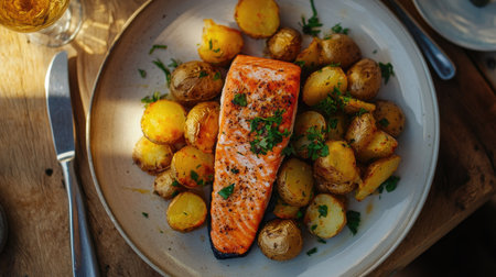 A beautifully plated grilled salmon fillet served with crispy roasted potatoes garnished with fresh herbs, perfect for a healthy and delicious meal.の素材
