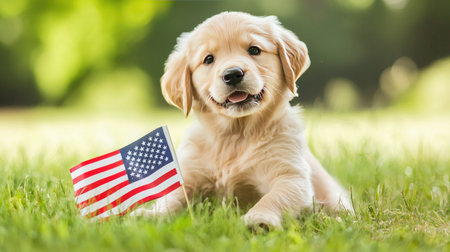 An adorable golden retriever puppy poses with an American flag on lush green grass. This image captures the playful spirit and innocence of youth, perfect for themes of companionship and patriotism.の素材