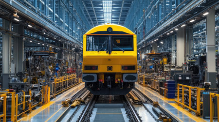 A vibrant yellow train stands at the forefront of a modern manufacturing facility. The scene showcases advanced machinery and an organized assembly process.の素材