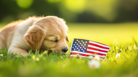 A cute golden retriever puppy rests peacefully beside an American flag in a sunny grass field, capturing the essence of innocence, joy, and patriotism.の素材