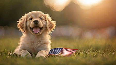 A cheerful golden retriever puppy lies on green grass, smiling with joy beside a small American flag. This delightful scene captures the spirit of freedom and friendship.の素材